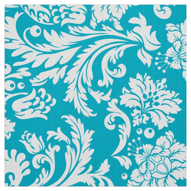 Elegant White & Turquoise Floral Damasks Fabric (Swatch)
