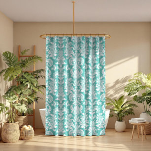 Elegant White & Turquoise Floral Damasks Pattern Shower Curtain