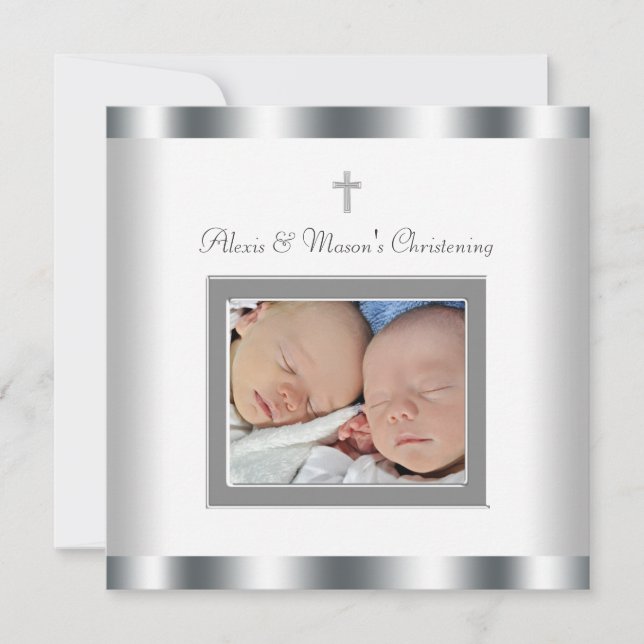 Elegant White Twins Photo Christening Invitations (Front)