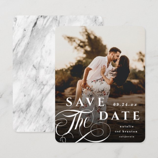 Elegant White Typography & Marble Back Photo Save The Date (Front/Back)