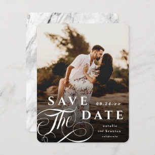 Elegant White Typography & Marble Back Photo Save The Date