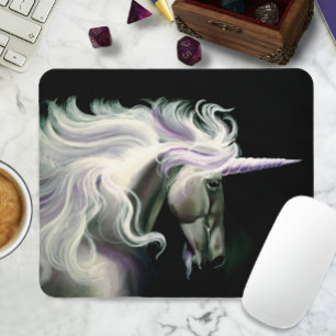 Elegant White Unicorn Flowing Mane Purple Fantasy Mouse Mat
