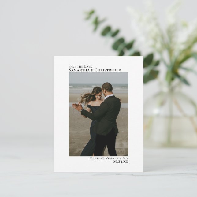 Elegant White Vertical Photo Minimalist Wedding Save The Date (Standing Front)
