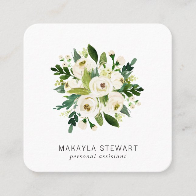 Elegant White Watercolor Floral Bouquet Square Business Card (Front)