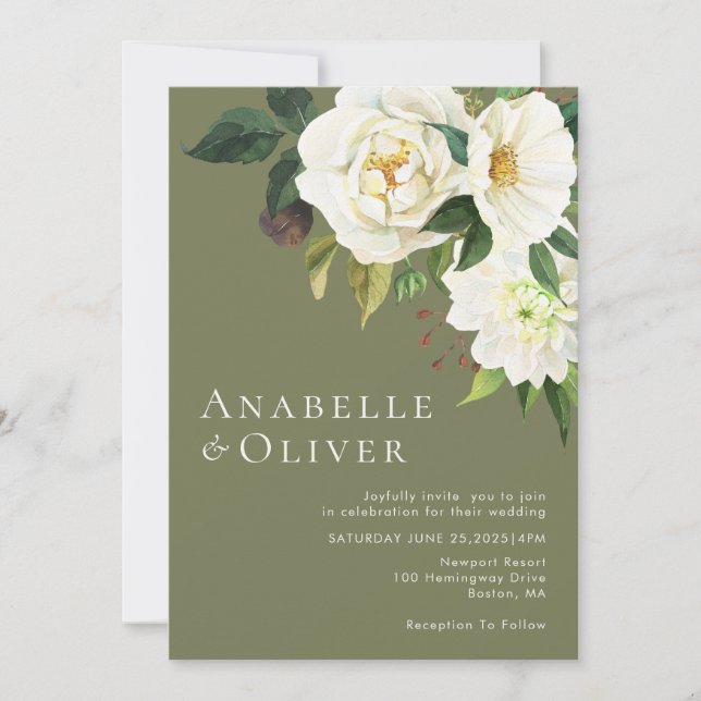 Elegant White Watercolor Floral Green Wedding  Invitation (Front)