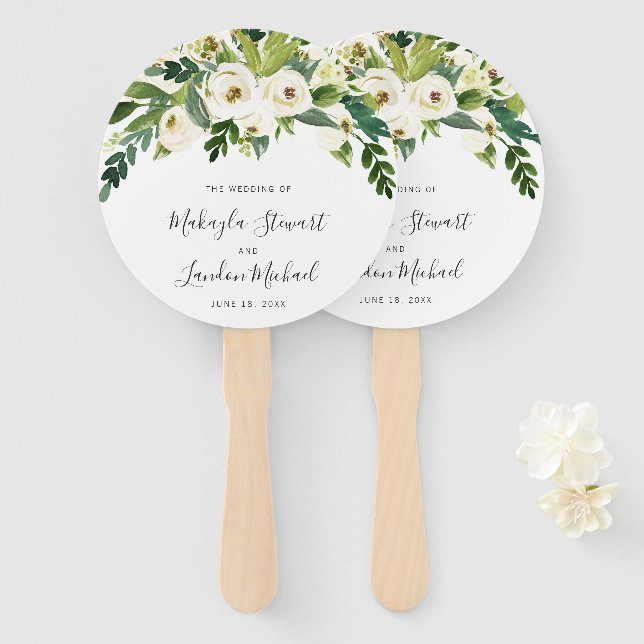 Elegant White Watercolor Floral Greenery Wedding Hand Fan (Front and Back)