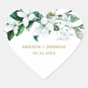 Elegant White Watercolor Floral Greenery Wedding Heart Sticker
