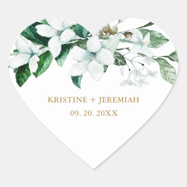 Elegant White Watercolor Floral Greenery Wedding Heart Sticker (Front)