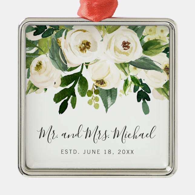 Elegant White Watercolor Floral & Greenery Wedding Metal Tree Decoration (Front)