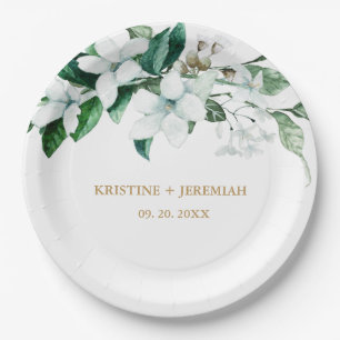 Elegant White Watercolor Floral Greenery Wedding Paper Plate