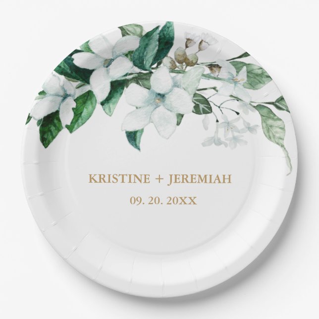 Elegant White Watercolor Floral Greenery Wedding Paper Plate (Front)