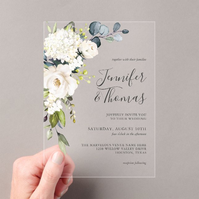 Elegant White Watercolor Floral Hydrangeas Wedding Acrylic Invitations (Insitu (Handheld))