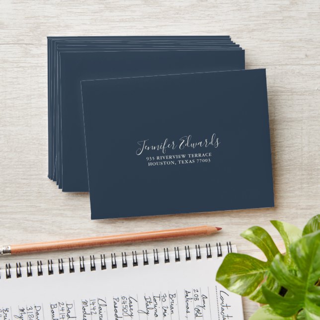 Elegant White Watercolor Floral on Navy Blue Envelope (Stacked)