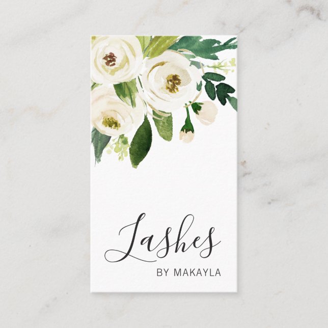 Elegant White Watercolor Floral Roses Lashes Business Card (Front)