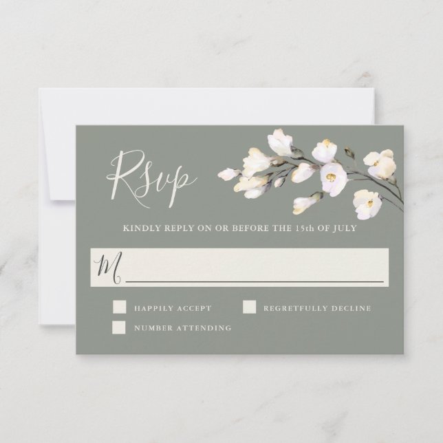 Elegant White Watercolor Floral Sage Green RSVP (Front)