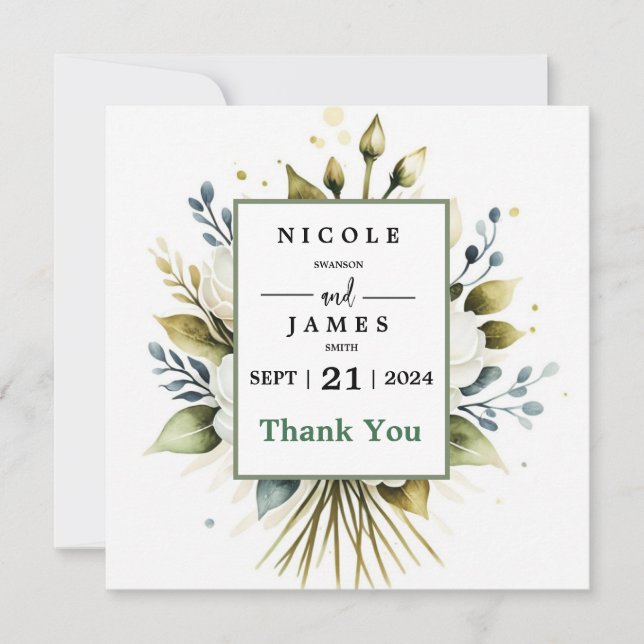 Elegant White Watercolor Floral Thank You Card (Front)
