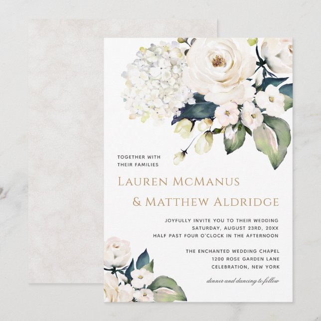 Elegant White Watercolor Floral Wedding Invitation (Front/Back)