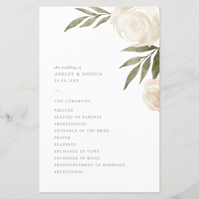 Elegant White Watercolor Floral Wedding Program (Front)