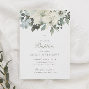 Elegant White Watercolor Flowers Greenery Baptism Invitation