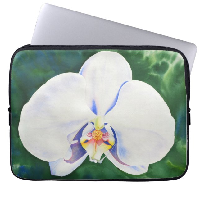 Elegant white watercolor orchid  laptop sleeve (Front)