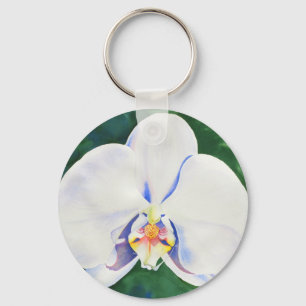 Elegant white watercolor orchid painting key ring