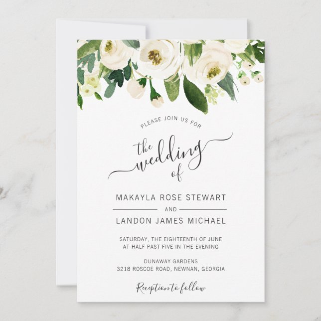 Elegant White Watercolor Roses Border Wedding Invitation (Front)