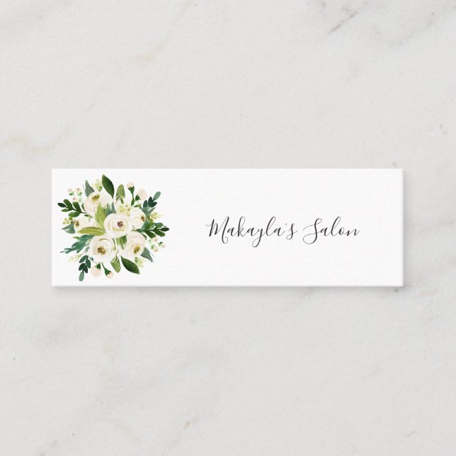 Elegant White Watercolor Roses & Greenery Mini Business Card (Front)