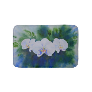Elegant white watercolor tropical boho orchids  bath mat