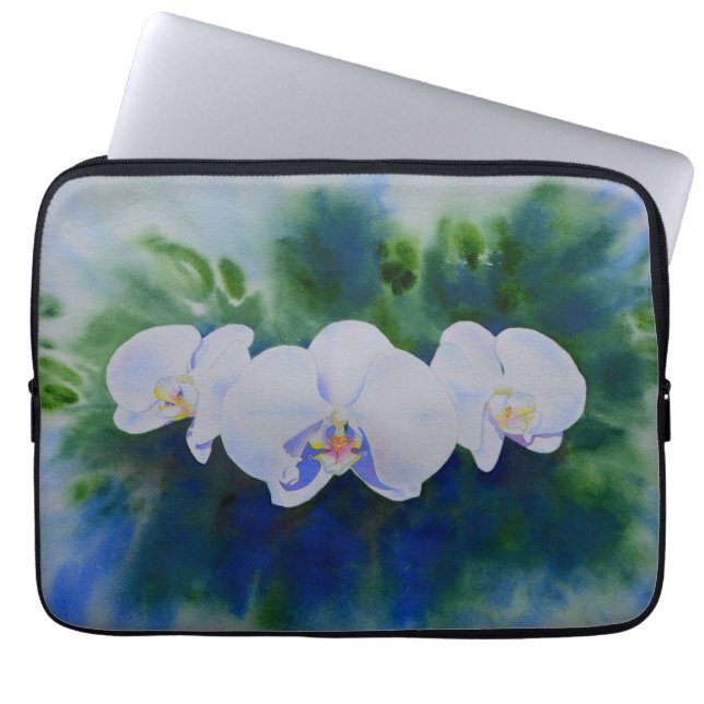 Elegant white watercolor tropical boho orchids  laptop sleeve (Front)