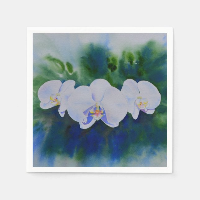 Elegant white watercolor tropical boho orchids  napkin (Front)