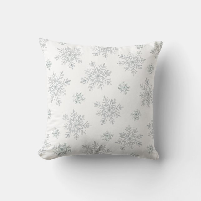 Elegant White Watercolor Winter Snowflakes Cushion (Front)