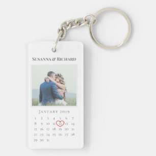 Elegant White Wedding Anniversary Calendar Photo Key Ring