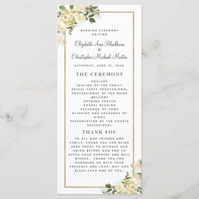 Elegant White Wedding Ceremony Program Watercolor Programme (Front)