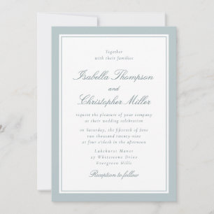 Elegant White Wedding Invitation with Soft Blue Fr