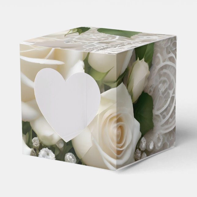 Elegant White Wedding Lace And Roses,  Favour Box (Front Side)