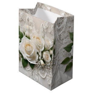 Elegant White Wedding Lace And Roses,  Medium Gift Bag