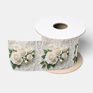 Elegant White Wedding Lace And Roses, Satin Ribbon
