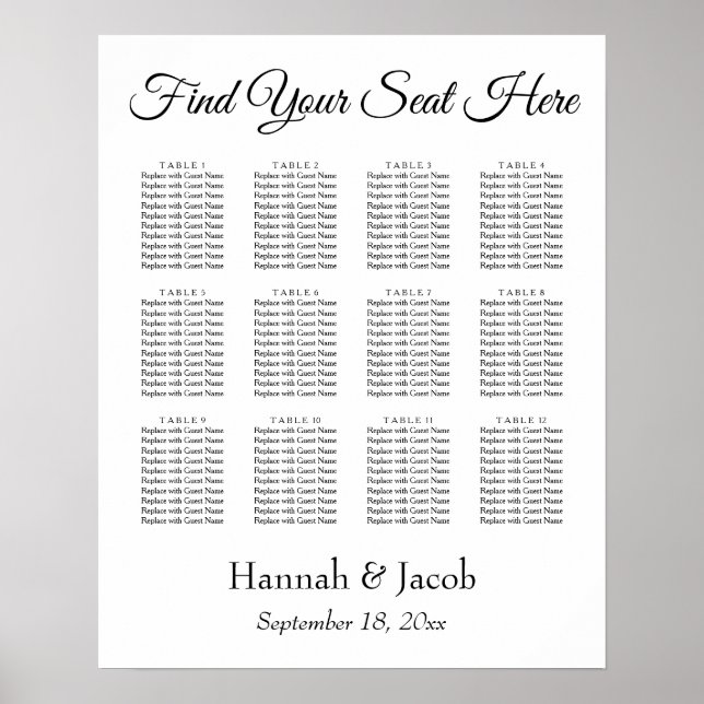 Elegant White Wedding Reception Seating Chart (Front)