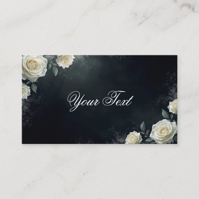 Elegant White Wedding Roses on Black Background Business Card (Front)
