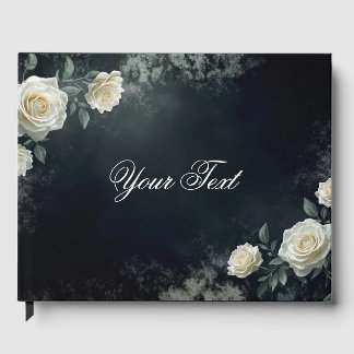 Elegant White Wedding Roses on Black Background Guest Book