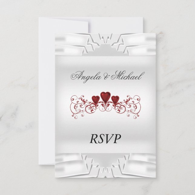 Elegant White Wedding RSVP Red Hearts Card (Front)