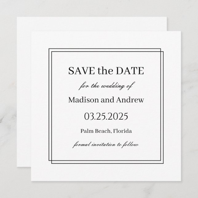 Elegant White Wedding Save the Date Invitation (Front/Back)