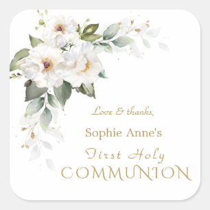 Elegant White Wild Roses First Holy Communion Square Sticker