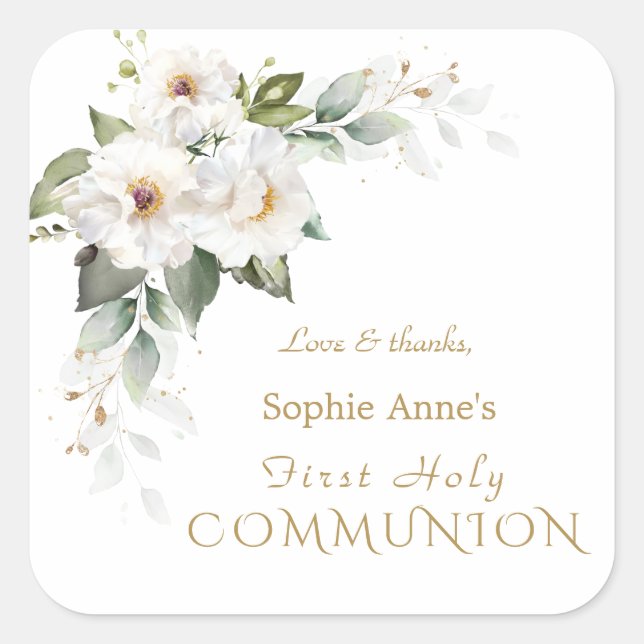 Elegant White Wild Roses First Holy Communion Square Sticker (Front)
