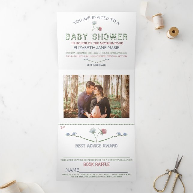 Elegant White, Wildflower Baby Shower Suite Tri-Fold Invitation (Inside)