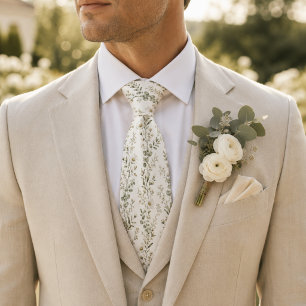 Elegant White Wildflower & Eucalyptus Botanical Tie