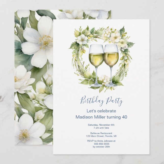 Elegant White Wine Flowers Adult Birthday  Invitation (Front/Back)