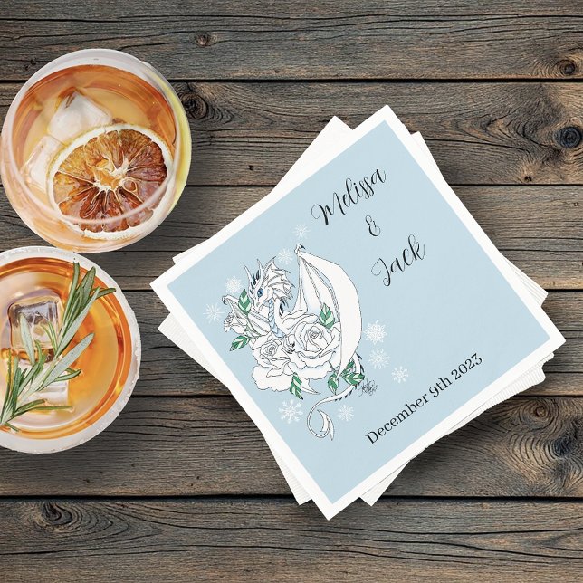 Elegant White Winter Fantasy Dragon Roses Wedding Napkin (Creator Uploaded)