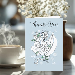 Elegant White Winter Fantasy Dragon Roses Wedding Thank You Card