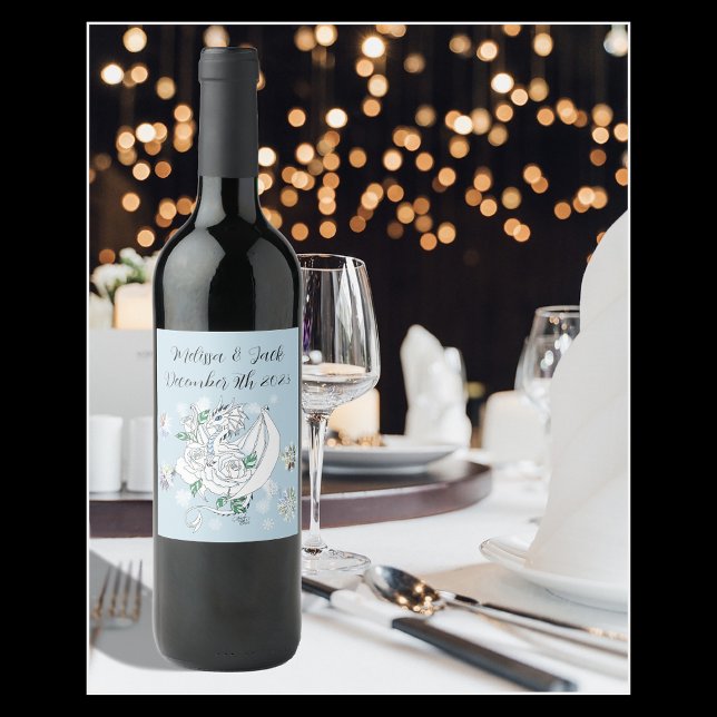 Elegant White Winter Fantasy Dragon Roses Wedding Wine Label (Creator Uploaded)